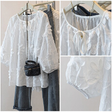 批发实拍胖mm提花超仙娃娃衫上衣女2026春季新款设计感宽松七分袖衬衫