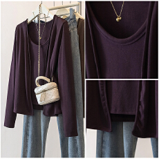 批发实拍胖MM假两件套<b class='q'>开衫</b>U领春款T恤修身显瘦简约时尚外搭长袖上衣潮