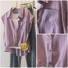 批发实拍胖mm藏青色无袖拼接假两件<b class='q'>背心</b>夏季韩版休闲百搭短款衬衫女