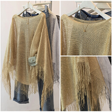 批发实拍胖mm-实价-镂空斗篷海边性感比基尼罩衫流苏防晒罩衫亮丝披肩