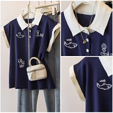 批发实拍胖MMPolo领刺绣冰丝短袖<b class='q'>针织</b>衫新款爆款夏季宽松薄款小飞袖