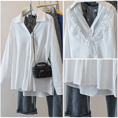 批发实拍胖MM甜辣风洋气V领后背镂空衬衫新款性感中长款<b class='q'>上衣</b>慵懒小衫