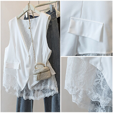 批发<b class='q'>实拍</b>胖mm 蕾丝下摆黑色V领西装马甲<b class='q'>外套</b>女2026春2叠穿高级感上衣