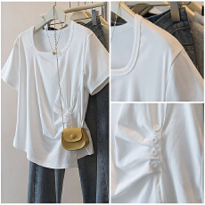 批发实拍胖mm正肩短袖t恤女<b class='q'>春</b>夏季2026新款褶皱小衫不规则设计感上衣