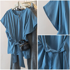 批发实拍胖mm不对称收腰绑带圆领短袖<b class='q'>衬衫</b>设计感小众休闲时髦显瘦小衫