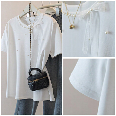 批发实拍胖mm装蕾丝钉珠圆领短袖T恤夏季2026新款显瘦百搭休闲上衣