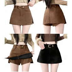批发实拍辣妹秋冬包臀显瘦A字短裤超短裙百搭毛衣麂皮半身裙送腰带