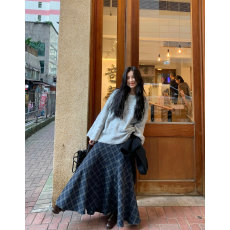 批发网图 斜纹蓝灰格纹磨毛半身裙女2025新款秋冬加厚中长款A字裙