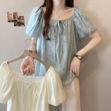 批发实拍大码<b class='q'>女装</b>欧若风小清新甜美碎花减龄泡泡袖方领漂亮小衫上衣