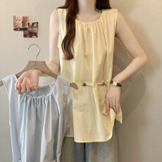 批发实拍大码女装韩系小众穿珠腰绳设计长款背心上衣