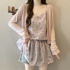 批发<b class='q'>实拍</b><b class='q'>大码</b><b class='q'>女装</b>韩系甜美粉色温柔风碎花收腰显瘦上衣两件套