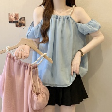 批发实拍<b class='q'>大码</b>女装纯欲风挂脖泡泡袖法式设计感漏肩百搭宽松上衣