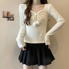 批发实拍<b class='q'>大码</b>女装蝴蝶结短款针织套头外穿长袖上衣