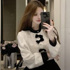 批发纯欲风套装女白色蝴蝶结设计感新中式衬衫女黑色百褶半身裙两件套