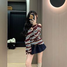 批发纯棉色织条条纹一字肩吊带长袖t恤女早秋显瘦绝美露肩上衣