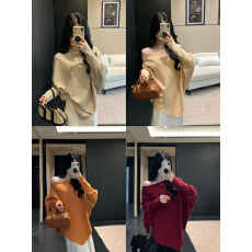 批发辣妹斜肩上衣女秋冬季新款<b class='q'>宽松</b>蝙蝠袖毛针织衫软糯慵懒感毛衣外套