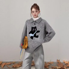 批发灰色POLO套头毛衣女秋冬2025年新款加厚宽松慵懒风针织衫上衣潮