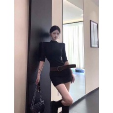 批发黑色半高领中袖连衣裙女秋季收腰修身裙子御姐风气质紧身包臀<b class='q'>短</b>裙