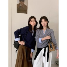 批发<b class='q'>秋</b>季新款韩版设计感条纹拼接袖口翻领百搭假两件针织衫女