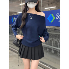 批发韩系慵懒风斜肩毛衣针织衫女2025<b class='q'>秋</b>冬季新款不规则露肩蝙蝠袖上衣