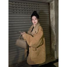 批发棕色仿皮毛一体羊羔毛外套女冬2025新款韩系小个子加厚绒保暖棉服