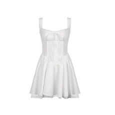 批发法式方领白色吊带<b class='q'>连衣裙</b>子女夏小个子初恋清纯掐腰小白裙蓬蓬短裙