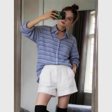 批发官图实价 韩系蓝色格子春夏防晒衬衫<b class='q'>外套</b>通勤宽松慵懒风长袖衬衣