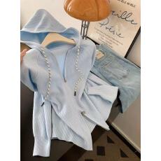 批发慵懒风奶fufu蓝色连帽针织开衫女秋冬新款高级感拉链软糯<b class='q'>毛衣</b>外套