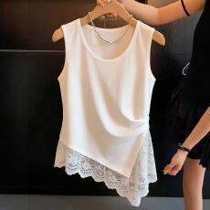 批发白色<b class='q'>蕾丝</b>拼接不规则设计感夏季新款修身显瘦无袖背心女内搭外穿