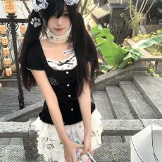 批发夏季y2k学院风套装裙可爱拼接假两件黑色上衣<b class='q'>蓬蓬</b>蛋糕裙两件套女