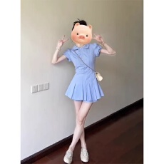 批发蓝色格纹衬衫连衣裙<b class='q'>女装</b>2026夏季爆款小个子收腰显瘦气质百褶短裙