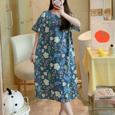 批发睡裙女<b class='q'>夏</b>季宽松大码圆领休闲短袖连衣裙薄款打底裙子