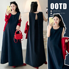 批发实拍2026春季网红爆款新款纯色孕妇牛仔背带裙+红色毛衣