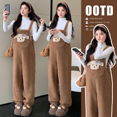 批发实拍2025新款爆款大货秋冬羊羔毛加绒加厚熊宽松背带裤+花边打底