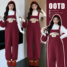 批发实拍2025新款爆款大货秋冬羊羔毛加绒加厚熊宽松背带裤+花边打底