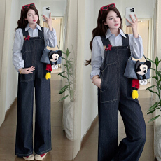 批发现现实拍2026春季新款阔腿宽松可爱孕妇牛背带裤+天蓝色衬衣