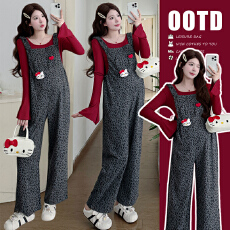 批发现现实拍2026春季新款孕妇宽松个性豹纹背带裤+喇叭袖上衣