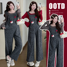 批发现现实拍2026春季新款孕妇宽松个性豹纹背带裤+喇叭袖上衣