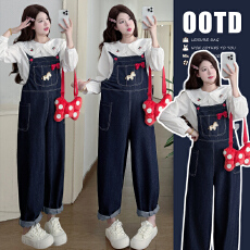 批发现现实拍2026春<b class='q'>秋</b>新款刺绣卡通孕妇可爱牛仔背带裤+娃娃领上衣