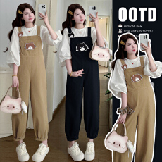 批发现现实拍2026春<b class='q'>秋</b>新款阔腿宽松孕妇休闲小猫背带裤+七分袖上衣