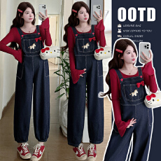 批发现现实拍2026春<b class='q'>秋</b>新款刺绣卡通孕妇可爱牛仔背带裤+喇叭纯棉上衣