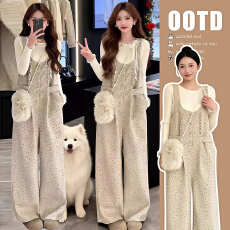 批发2026春季新款阔腿宽松孕妇休闲针织印花背带裤+弹力花边上衣