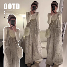 批发2026春季新款个性波点宽松<b class='q'>孕妇</b><b class='q'>休闲</b>背带裤+条纹<b class='q'>上衣</b>