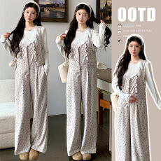 批发<b class='q'>实拍</b>2026春季新款阔腿宽松<b class='q'>孕妇</b><b class='q'>休闲</b>针织印花背带裤+弹力花边上衣