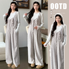 批发<b class='q'>实拍</b>2026春季新款阔腿宽松<b class='q'>孕妇</b><b class='q'>休闲</b>针织印花背带裤+弹力花边上衣