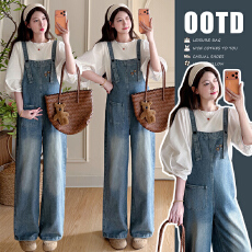 批发现现实拍2026春季新款刺绣牛仔背带裤+纯棉泡泡袖上衣