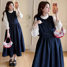 批发现现实拍2026春季新款国风盘扣牛仔裙+荷叶边领衬衣