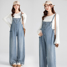 2026春季新款时髦流星烫钻减龄软牛仔孕妇背带裤