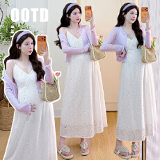 批发实拍现现2026春夏新款孕妇<b class='q'>宽松</b>纯棉镂空吊带裙+紫色珍珠开衫