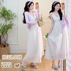 批发实拍现现2026春夏新款孕妇<b class='q'>宽松</b>纯棉镂空吊带裙+紫色珍珠开衫